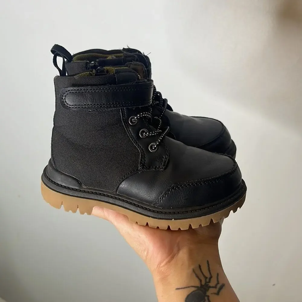 WONDER NATION Black Faux Leather Combat Style Boots Size 8